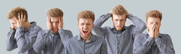 Set Stressed Angry Young Man Grey Background — Stock Fotó