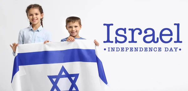Kleine Kinderen Met Vlag Tekst Israel Independence Dag Witte Achtergrond — Stockfoto