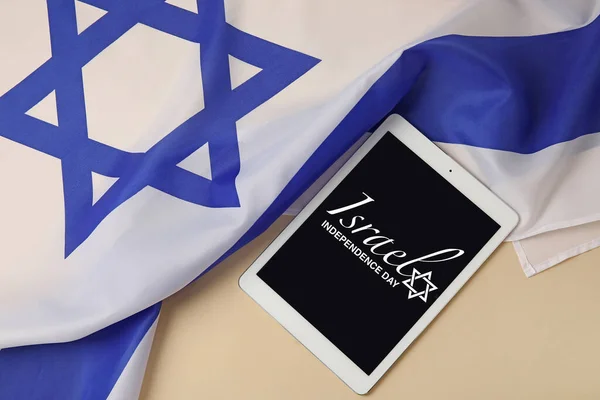 Tablet Computer Text Israel Independence Day Screen Flag Light Background — Stockfoto