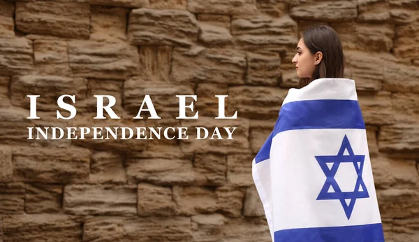 Frau Mit Fahne Der Nähe Der Klagemauer Grußkarte Zum Israelischen — Stockfoto