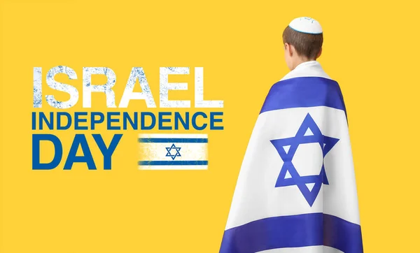 Jongetje Met Vlag Tekst Israel Independence Dag Gele Achtergrond — Stockfoto