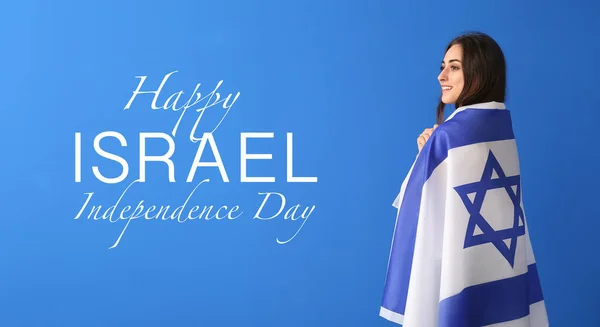 Beautiful Woman Flag Text Happy Israel Independence Day Blue Background — 스톡 사진
