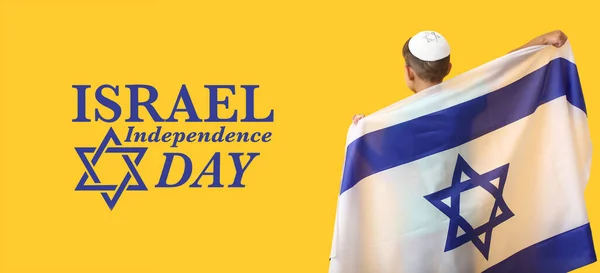 Little Boy Flag Text Israel Independence Day Yellow Background — Zdjęcie stockowe