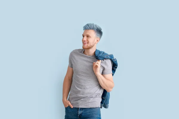 Stylish Young Man Unusual Blue Hair Light Background — Stock Photo, Image