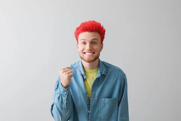 Happy Stylish Young Man Unusual Red Hair Grey Background — Photo
