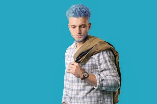 Stylish Young Man Unusual Color Hair Beard Blue Background — Photo