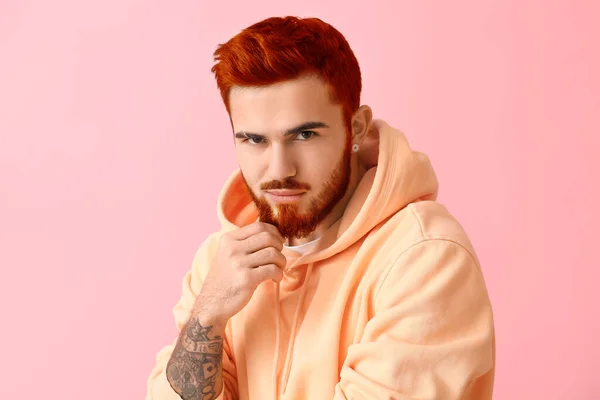 Stylish Tattooed Young Man Unusual Red Hair Beard Pink Background — Stock Photo, Image