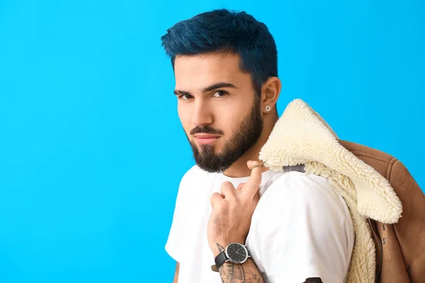 Stylish Bearded Young Man Unusual Hair Tattoo Blue Background — Fotografia de Stock