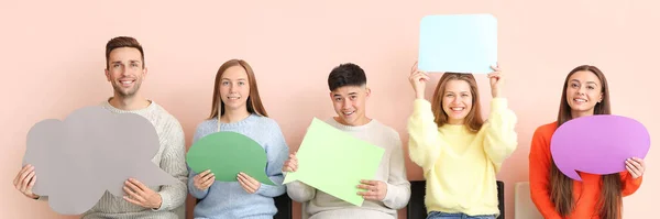Group Young People Blank Speech Bubbles Light Color Background — Stockfoto