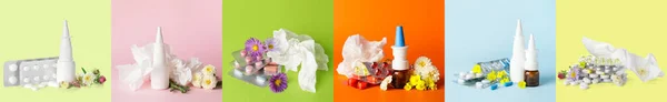 Nasentropfen Mit Pillen Benutztes Gewebe Und Blühende Blumen Auf Farbigem — Stockfoto