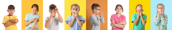 Set Diversi Bambini Che Soffrono Reazioni Allergiche Sfondo Colore — Foto Stock