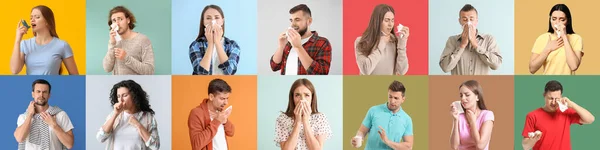 Set Different People Suffering Allergic Reactions Color Background — стоковое фото