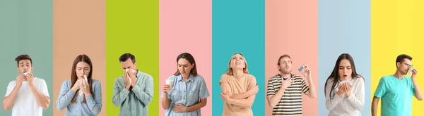 Conjunto Diferentes Personas Que Sufren Reacciones Alérgicas Fondo Del Color —  Fotos de Stock