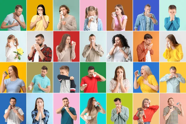 Conjunto Diferentes Personas Que Sufren Reacciones Alérgicas Fondo Del Color —  Fotos de Stock