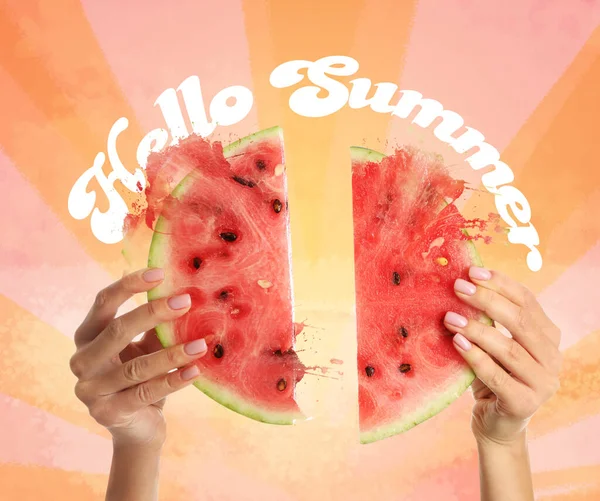 Female Hands Pieces Juicy Watermelon Text Hello Summer Color Background — Fotografia de Stock