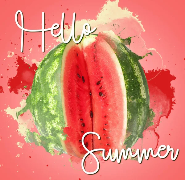 Ripe Juicy Watermelon Text Hello Summer Pink Background — Foto Stock