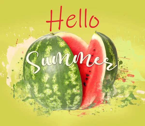 Ripe Juicy Watermelon Text Hello Summer Color Background — Fotografia de Stock