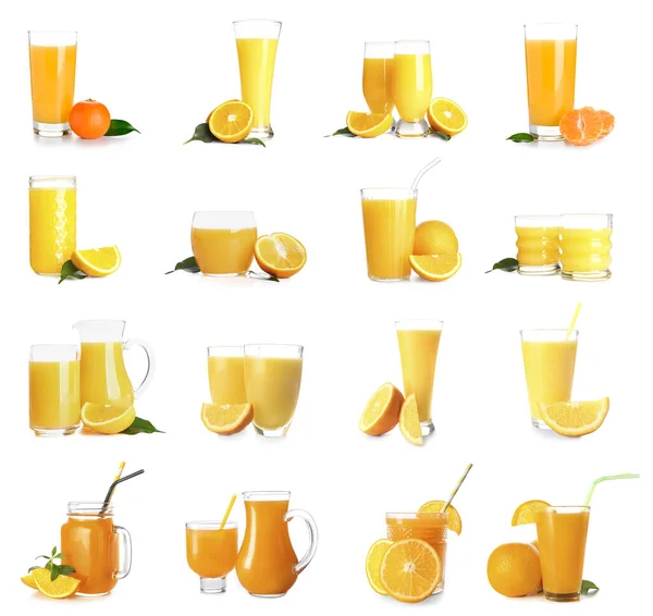 Muchos Cristalería Zumo Naranja Fresco Aislado Blanco — Foto de Stock