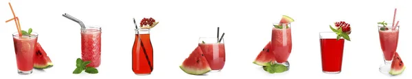 Set Tasty Pomegranate Watermelon Juices White Background — Zdjęcie stockowe