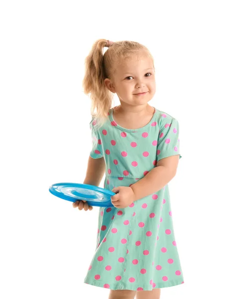 Cute Little Girl Gry Frisbee Białym Tle — Zdjęcie stockowe