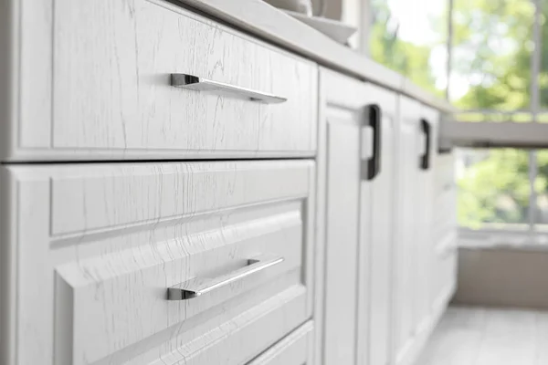 White Kitchen Drawers Modern Room Close Seup — стоковое фото