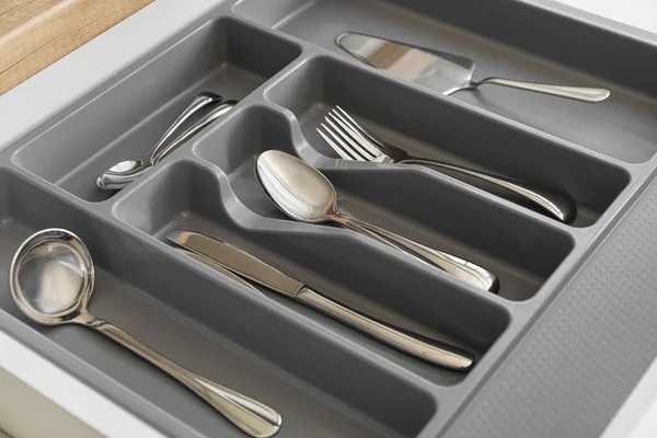 Open Drawer Silver Cutlery Modern Kitchen — Foto de Stock