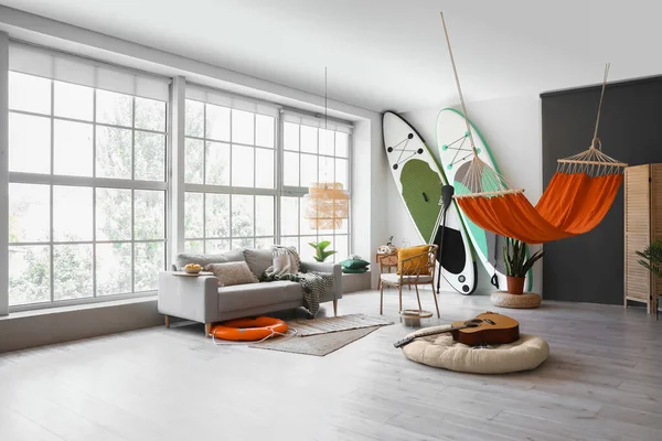 Stylish Interior Room Sup Boards Hammock Sofa — Fotografia de Stock
