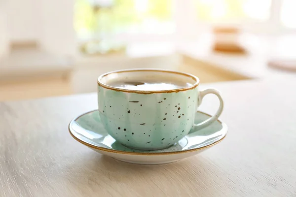 Beautiful Cup Coffee Plate Table Kitchen Closeup — Stock Photo, Image