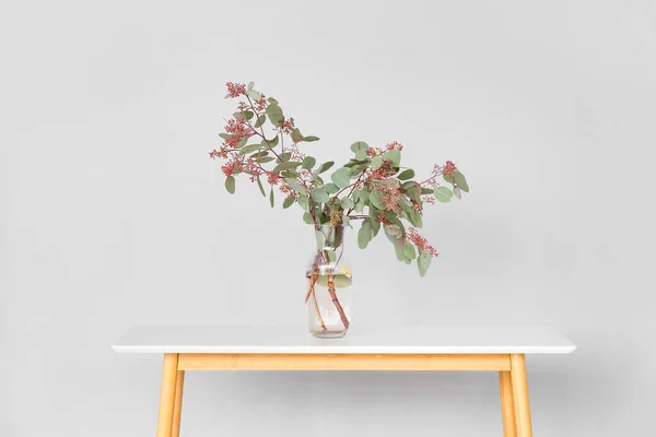 Vase Plant Branches Wooden Table Grey Wall — Foto de Stock