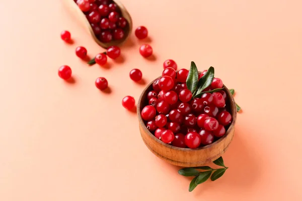 Bowl Red Lingonberries Beige Background Closeup — Stock Photo, Image