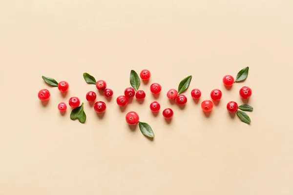 Ripe Lingonberries Leaves Beige Background — Stock Photo, Image