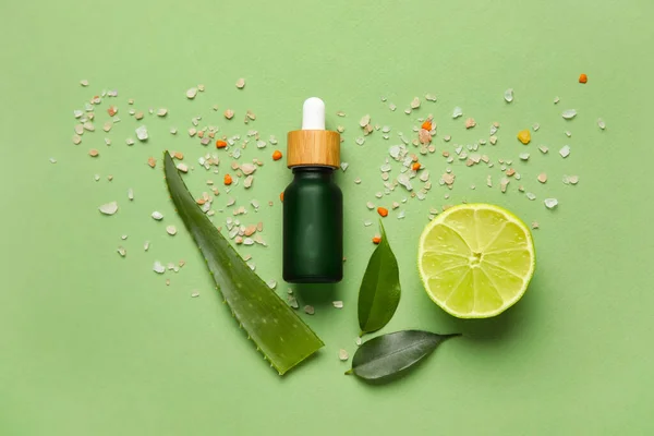 Bottle Natural Serum Sea Salt Plant Leaves Lime Green Background — Stock Photo, Image