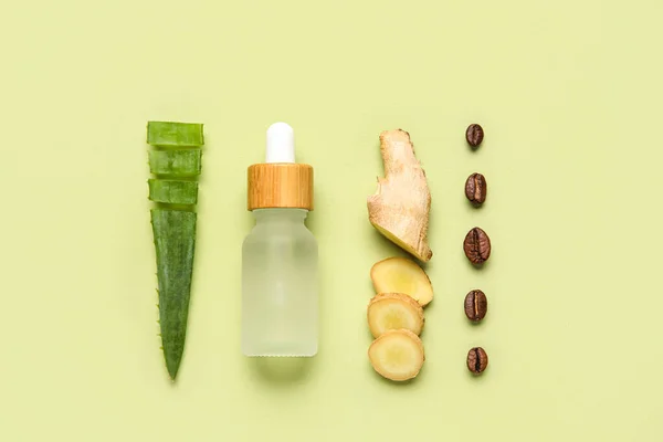 Bottle Natural Serum Aloe Leaf Ginger Coffee Beans Green Background — Stock Photo, Image