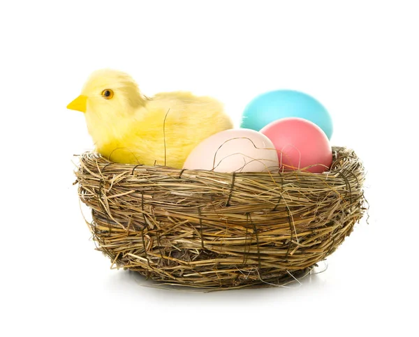 Cute Yellow Chicken Easter Eggs Nest White Background — Stock Photo, Image