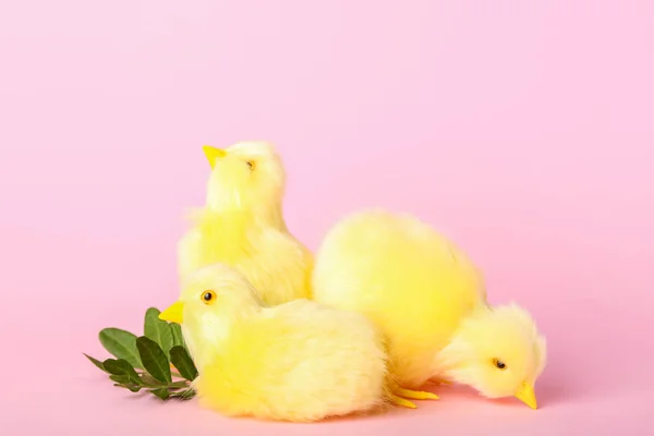 Cute Yellow Chickens Pink Background — Zdjęcie stockowe
