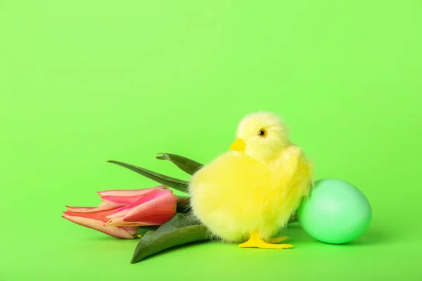 Cute Yellow Chicken Tulips Easter Egg Green Background — Fotografia de Stock