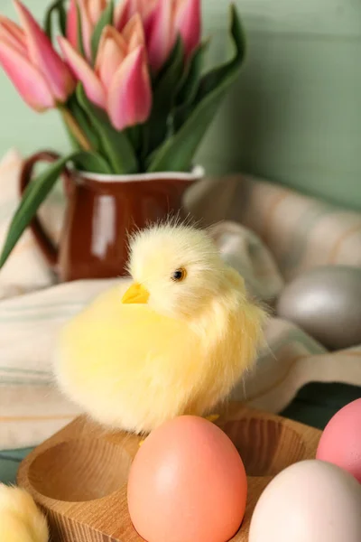 Cute Chicken Tulips Easter Eggs Color Background — Stock Photo, Image