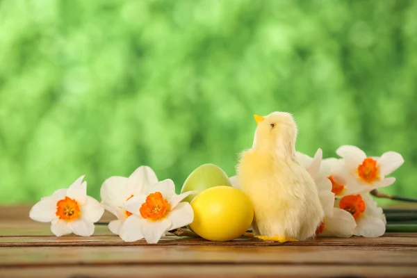 Cute Chicken Easter Eggs Flowers Table Outdoors — Stock Photo, Image