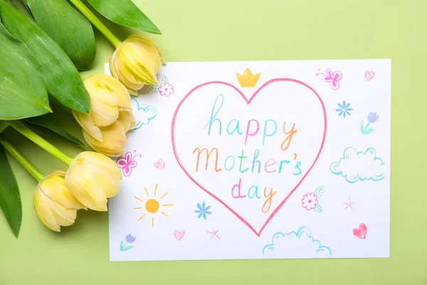 Kort Med Texten Happy Mother Day Och Tulpaner Grön Bakgrund — Stockfoto