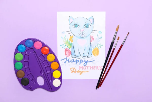 Picture Text Happy Mother Day Paints Brushes Lilac Background — Stock Photo, Image