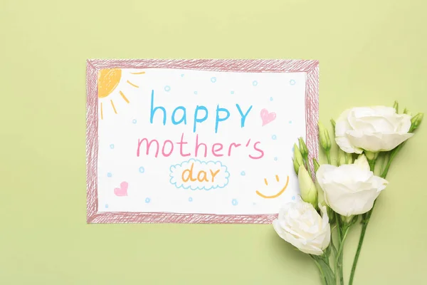 Kort Med Texten Happy Mother Day Och Vita Blommor Grön — Stockfoto