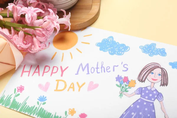 Picture Text Happy Mother Day Flowers Beige Background Closeup —  Fotos de Stock