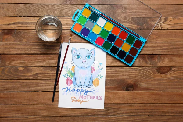 Picture Text Happy Mother Day Brushes Paints Glass Water Wooden — Stock Photo, Image