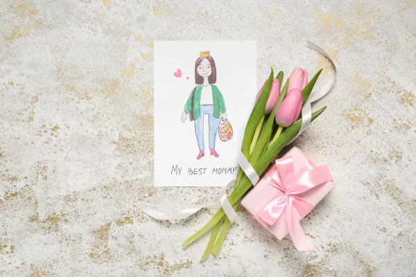 Picture Text Best Mommy Tulips Gift Grunge Background Mother Day — Stock Photo, Image