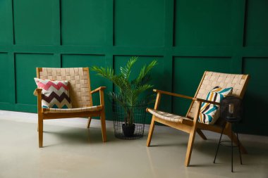 Yeşil duvarın yanında şık koltuklar ve bitkiler