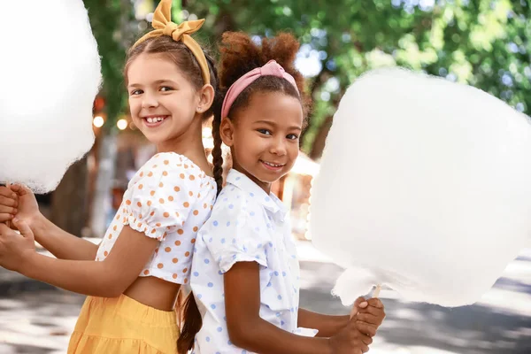 Cute Little Girls Cotton Candy Outdoors — Stock Photo, Image