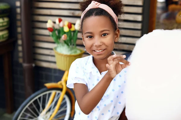 Little African American Girl Cotton Candy Outdoors — Stock Photo, Image