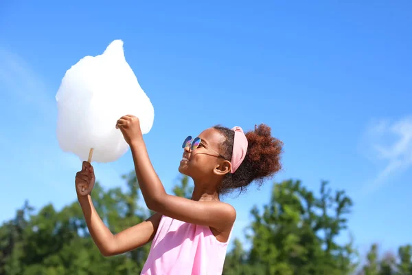 Little African American Girl Cotton Candy Outdoors — Stock Photo, Image