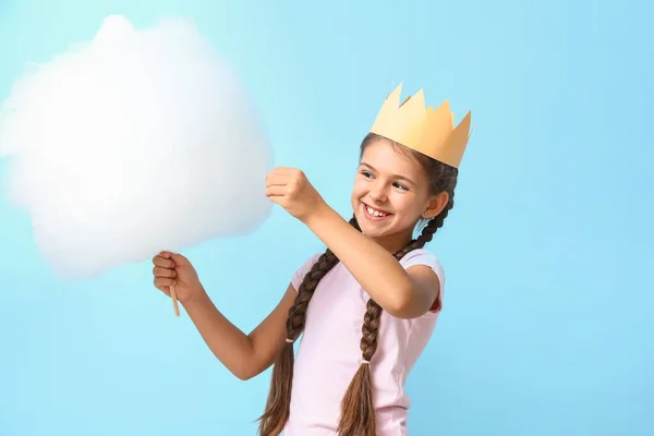 Cute Little Girl Cotton Candy Blue Background — Stock Photo, Image