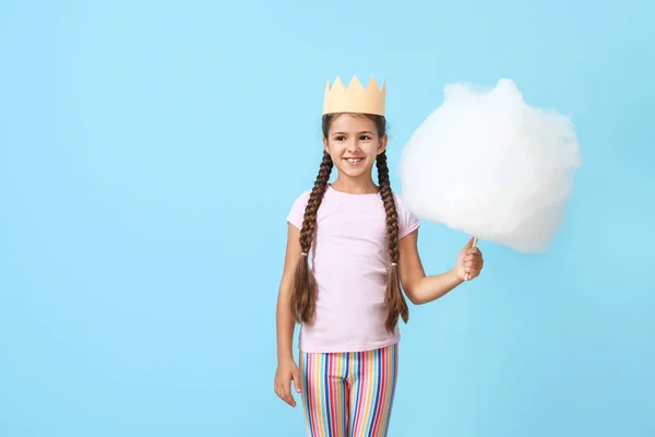 Cute Little Girl Cotton Candy Blue Background — Stock Photo, Image